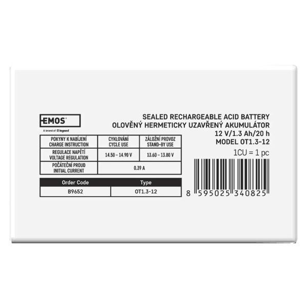 Акумуляторна батарея EMOS B9652, AGM, 12V, 1.3Ah, fast 4,7mm B9652 фото