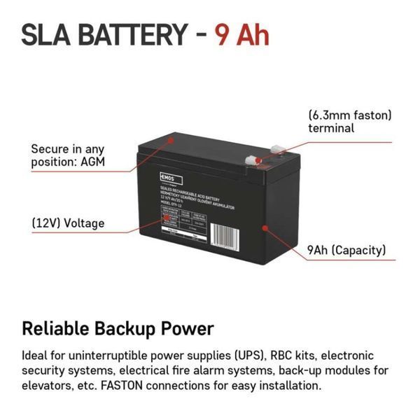 Акумуляторна батарея EMOS B9675, AGM, 12V, 9Ah, fast 6,3mm B9675 фото