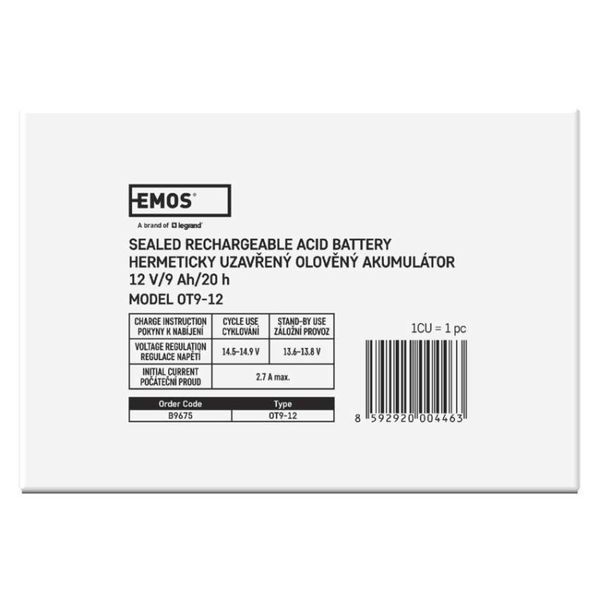 Акумуляторна батарея EMOS B9675, AGM, 12V, 9Ah, fast 6,3mm B9675 фото