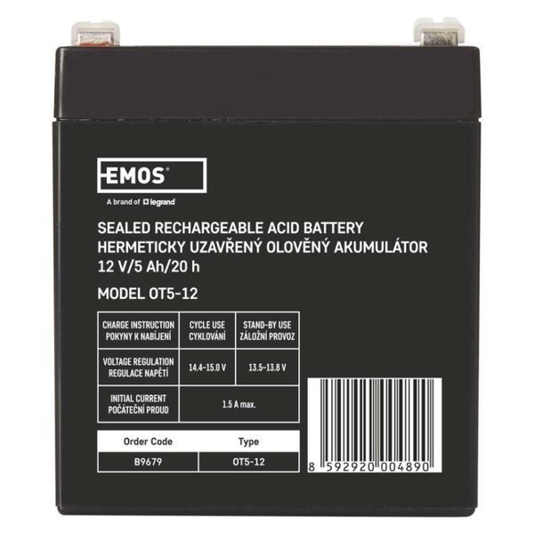 Акумуляторна батарея EMOS B9679, AGM, 12V, 5Ah, fast 6,3mm B9679 фото