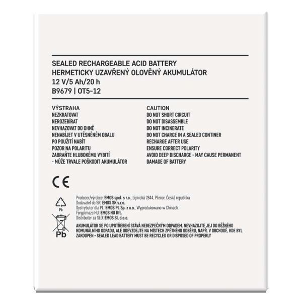 Акумуляторна батарея EMOS B9679, AGM, 12V, 5Ah, fast 6,3mm B9679 фото