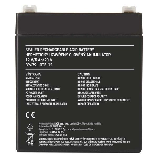 Акумуляторна батарея EMOS B9679, AGM, 12V, 5Ah, fast 6,3mm B9679 фото
