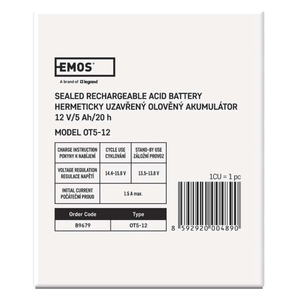 Акумуляторна батарея EMOS B9679, AGM, 12V, 5Ah, fast 6,3mm B9679 фото