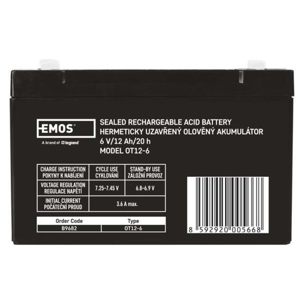 Акумуляторна батарея EMOS B9682, AGM, 6V, 12Ah, fast 4,7mm B9682 фото