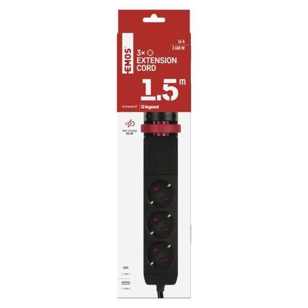 Мережевий подовжувач Emos P1321PD 3 розетки 1,5 м 1,5 мм&sup2; USB-A USB-C P1321PD фото