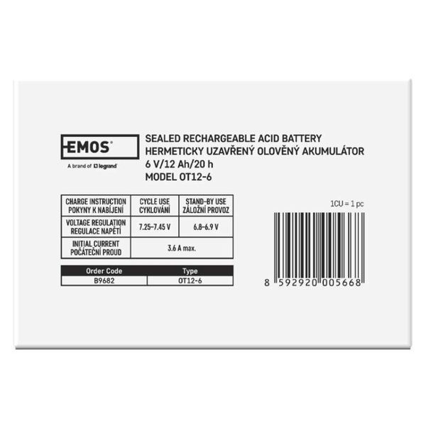 Акумуляторна батарея EMOS B9682, AGM, 6V, 12Ah, fast 4,7mm B9682 фото
