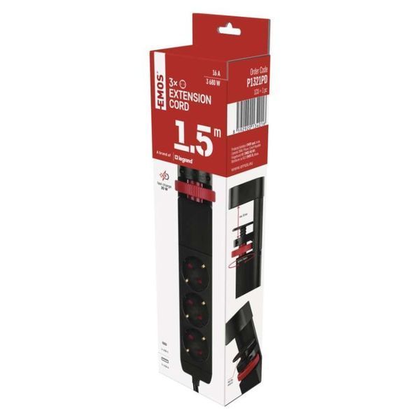 Мережевий подовжувач Emos P1321PD 3 розетки 1,5 м 1,5 мм&sup2; USB-A USB-C P1321PD фото