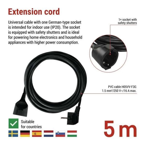 Мережевий подовжувач EMOS PC0125R 1 розетка 5 м PC0125R фото