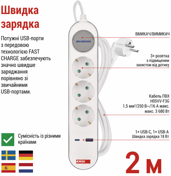 Сетевой удлинитель EMOS P1322FC 3 розетки 2 м 16A 3680Вт USB-A USB-C P1322FC фото
