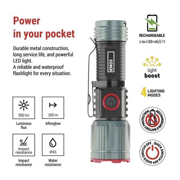 Ліхтар акумуляторний Emos P3120 300 Lm 700 mAh Li-Ion метал фокус P3120 фото