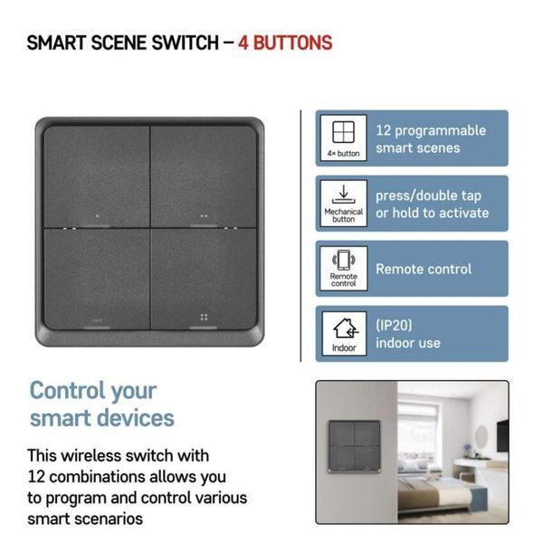 Розумний вимикач EMOS H5016 4 кнопки, ZigBee 3.0, чорний H5016 фото