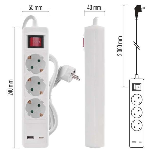Мережевий подовжувач Emos P1322CU 3 розетки 2 м 1,5 мм&sup2; USB-A USB-C P1322CU фото