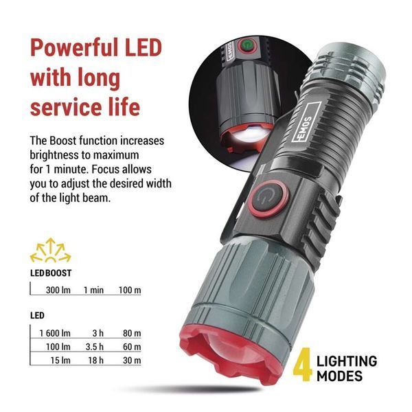 Ліхтар акумуляторний Emos P3120 300 Lm 700 mAh Li-Ion метал фокус P3120 фото