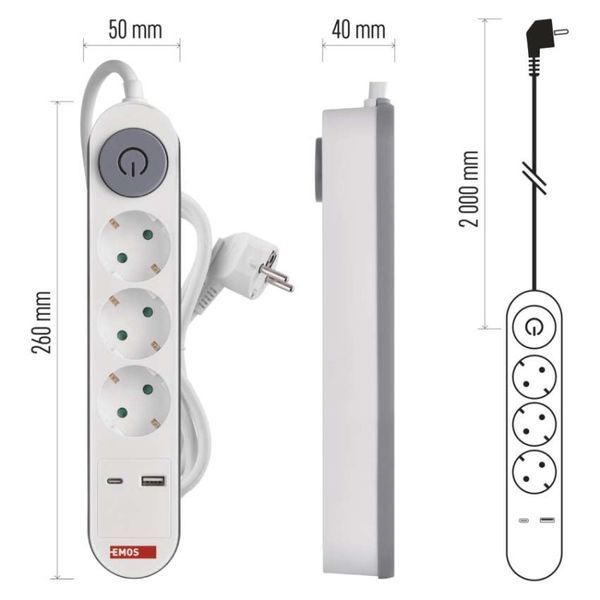 Мережевий подовжувач Emos P1322PD 3 розетки 2 м 1,5 мм&sup2; USB-A USB-C P1322PD фото