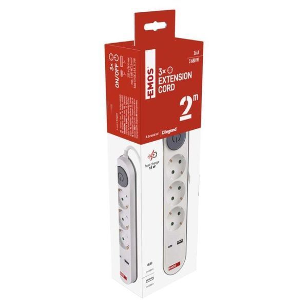 Мережевий подовжувач Emos P1322PD 3 розетки 2 м 1,5 мм&sup2; USB-A USB-C P1322PD фото