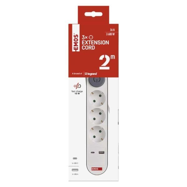 Мережевий подовжувач Emos P1322PD 3 розетки 2 м 1,5 мм&sup2; USB-A USB-C P1322PD фото