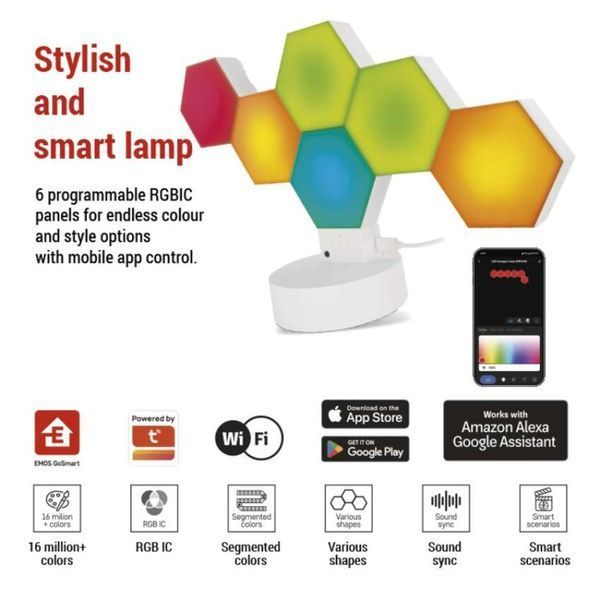 Розумна декоративн світлодіодна настільна лампа EMOS ZIW426R HEXAGON 6 частин, RGBIC, WIFI ZIW426R фото