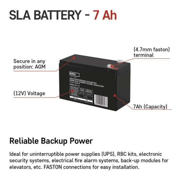 Акумуляторна батарея EMOS B9691, AGM, 12V, 7Ah, fast 4,7mm B9691 фото