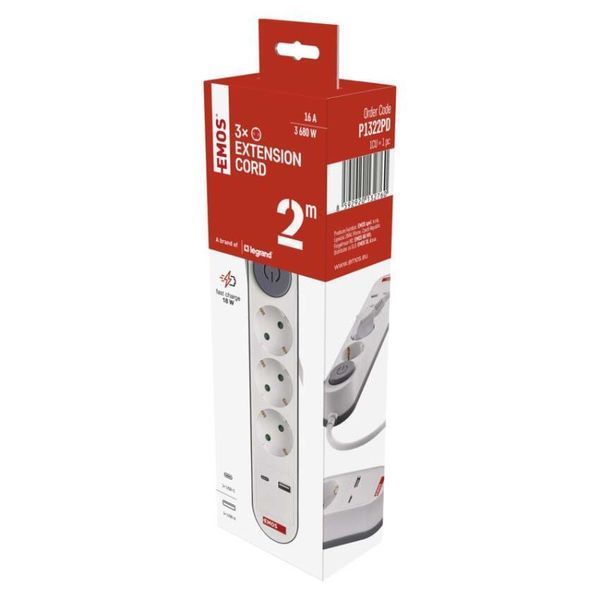 Мережевий подовжувач Emos P1322PD 3 розетки 2 м 1,5 мм&sup2; USB-A USB-C P1322PD фото
