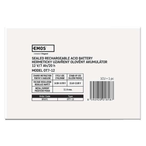 Акумуляторна батарея EMOS B9691, AGM, 12V, 7Ah, fast 4,7mm B9691 фото