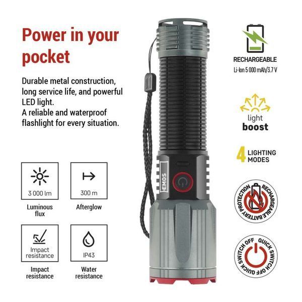 Фонарь аккумуляторный Emos P3122 3000 Lm Li-Ion 5000 mAh металл фокус P3122 фото
