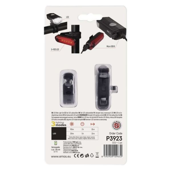 Комплект велосипедних ліхтарів, передній+габаритний Emos P3923 90 Lm Li-Pol 500 mAh P3923 фото