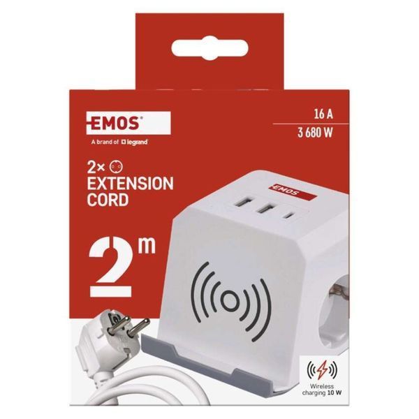 Мережевий адаптер подовжувач Emos P0222CQ 2 розетки 2 м 1,5 мм&sup2; USB-A USB-C Qi P0222CQ фото