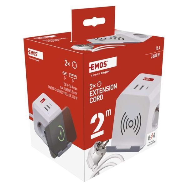 Мережевий адаптер подовжувач Emos P0222CQ 2 розетки 2 м 1,5 мм&sup2; USB-A USB-C Qi P0222CQ фото