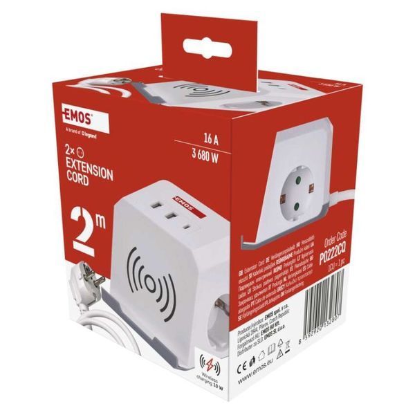 Мережевий адаптер подовжувач Emos P0222CQ 2 розетки 2 м 1,5 мм&sup2; USB-A USB-C Qi P0222CQ фото