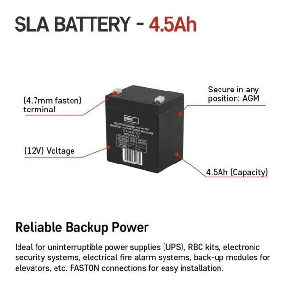 Акумуляторна батарея EMOS B9653, AGM, 12V, 4.5Ah, fast 4,7mm B9653 фото