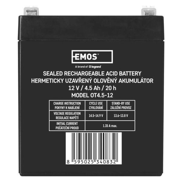Акумуляторна батарея EMOS B9653, AGM, 12V, 4.5Ah, fast 4,7mm B9653 фото