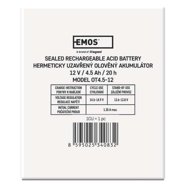 Акумуляторна батарея EMOS B9653, AGM, 12V, 4.5Ah, fast 4,7mm B9653 фото