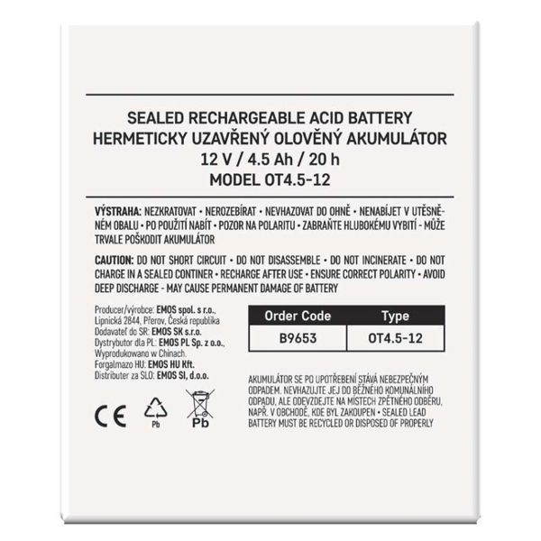Акумуляторна батарея EMOS B9653, AGM, 12V, 4.5Ah, fast 4,7mm B9653 фото