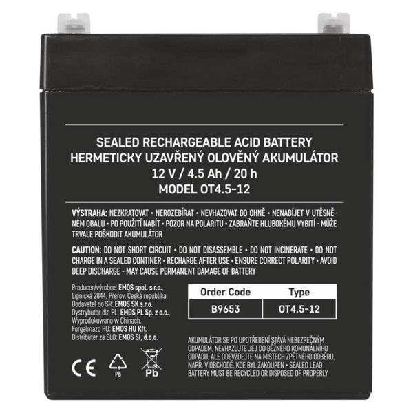 Акумуляторна батарея EMOS B9653, AGM, 12V, 4.5Ah, fast 4,7mm B9653 фото