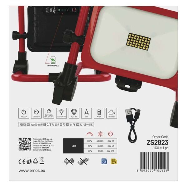 Прожектор с аккумулятором EMOS ZS2823 35W 3300Lm 6500K Li-Ion 10000mAh IP54 ZS2823 фото