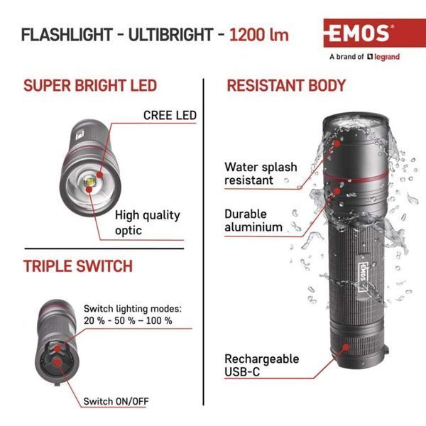 Ліхтар акумуляторний Emos P3190 Ultibright 90 1200 Lm 5000 mAh метал фокус P3190 фото