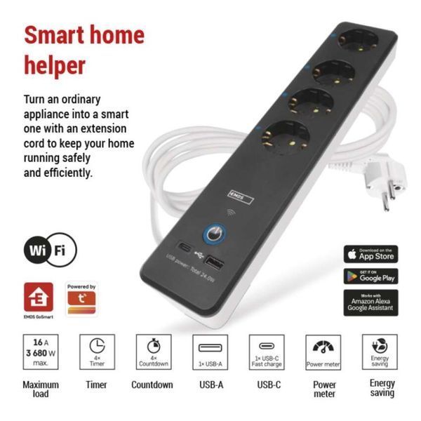 Умный сетевой удлинитель Emos P1422SM 4 розетки 2 м 1,5 мм&sup2; USB-A USB-C Wi-Fi P1422SM фото