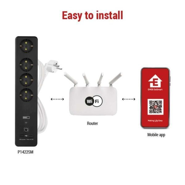 Умный сетевой удлинитель Emos P1422SM 4 розетки 2 м 1,5 мм&sup2; USB-A USB-C Wi-Fi P1422SM фото