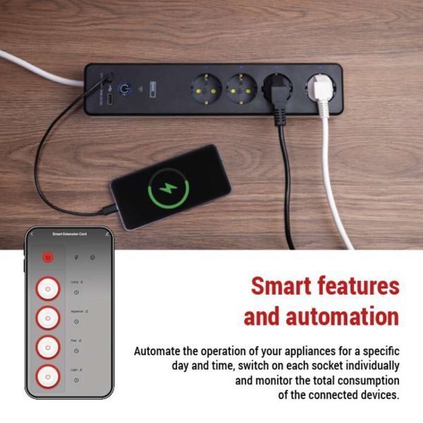 Умный сетевой удлинитель Emos P1422SM 4 розетки 2 м 1,5 мм&sup2; USB-A USB-C Wi-Fi P1422SM фото