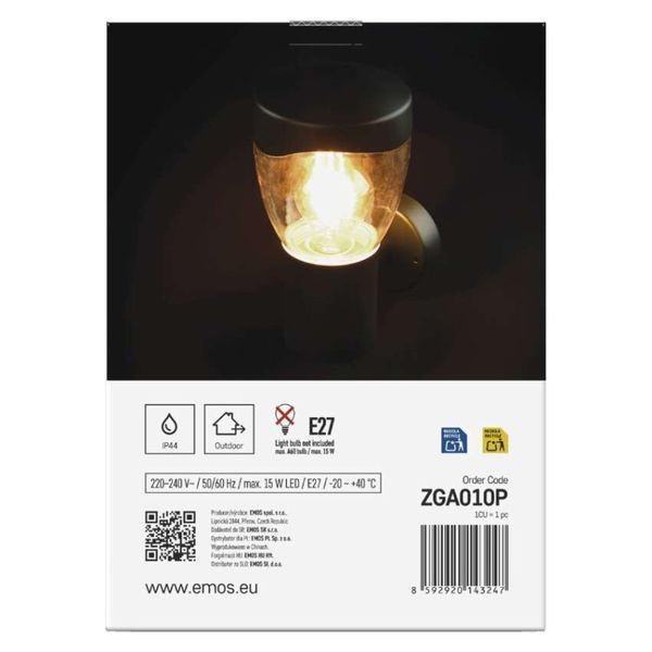 Светильник светодиодный садовый EMOS ZGA010P e27, ip44,15w, настенный ZGA010P фото