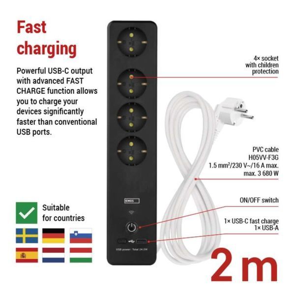 Умный сетевой удлинитель Emos P1422SM 4 розетки 2 м 1,5 мм&sup2; USB-A USB-C Wi-Fi P1422SM фото