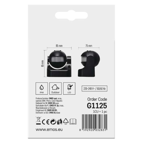 Датчик руху EMOS PIR IP44 W 1200W Чорний G1125 G1125 фото