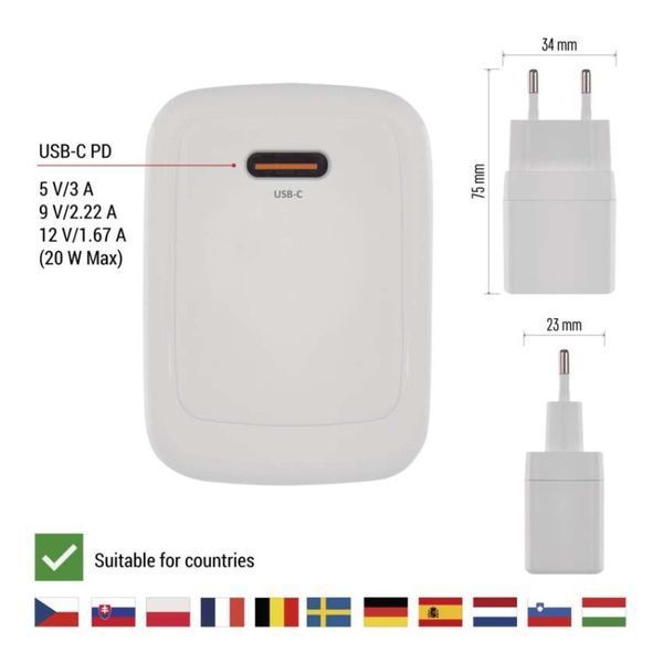 Универсальное USB GAN зарядное устройство EMOS V01G20 1xUSB-C 20W 220V PD V01G20 фото
