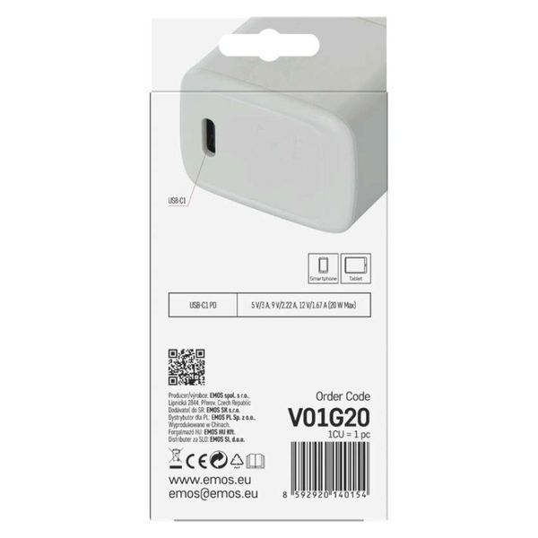 Универсальное USB GAN зарядное устройство EMOS V01G20 1xUSB-C 20W 220V PD V01G20 фото