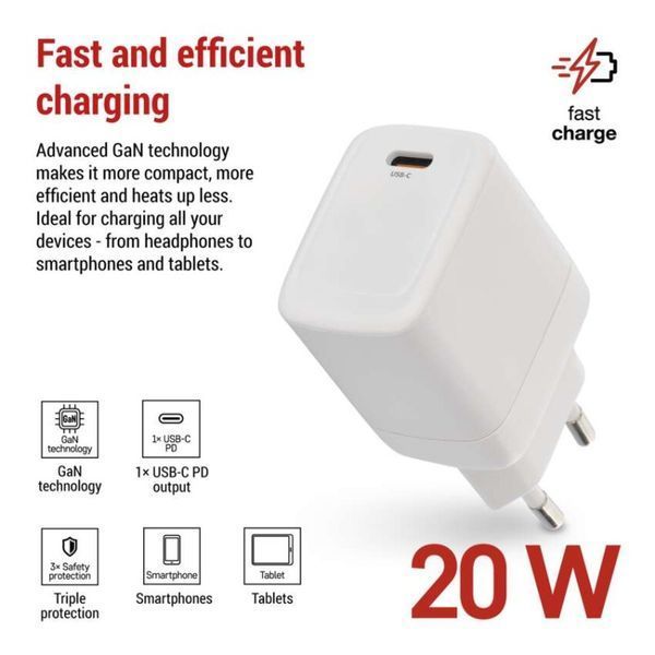 Универсальное USB GAN зарядное устройство EMOS V01G20 1xUSB-C 20W 220V PD V01G20 фото