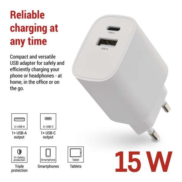 Універсальний USB зарядний пристрій EMOS V02B15 1xUSB-A, 1xUSB-C 15W 220V V02B15 фото