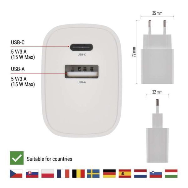 Універсальний USB зарядний пристрій EMOS V02B15 1xUSB-A, 1xUSB-C 15W 220V V02B15 фото