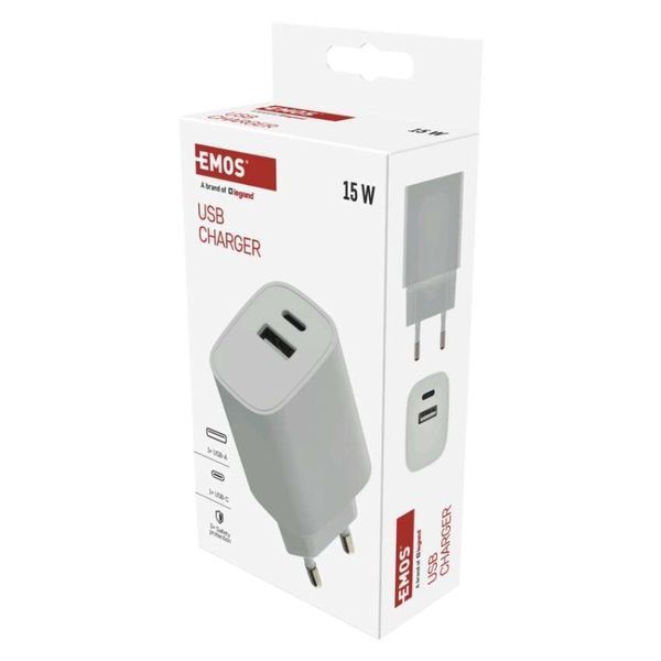 Універсальний USB зарядний пристрій EMOS V02B15 1xUSB-A, 1xUSB-C 15W 220V V02B15 фото
