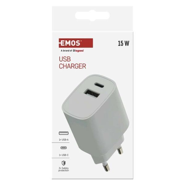 Універсальний USB зарядний пристрій EMOS V02B15 1xUSB-A, 1xUSB-C 15W 220V V02B15 фото