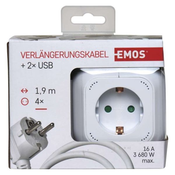 Мережевий адаптер подовжувач Emos P04219GU 4 розетки 1,9 м 1,5 мм&sup2; USB P04219GU фото